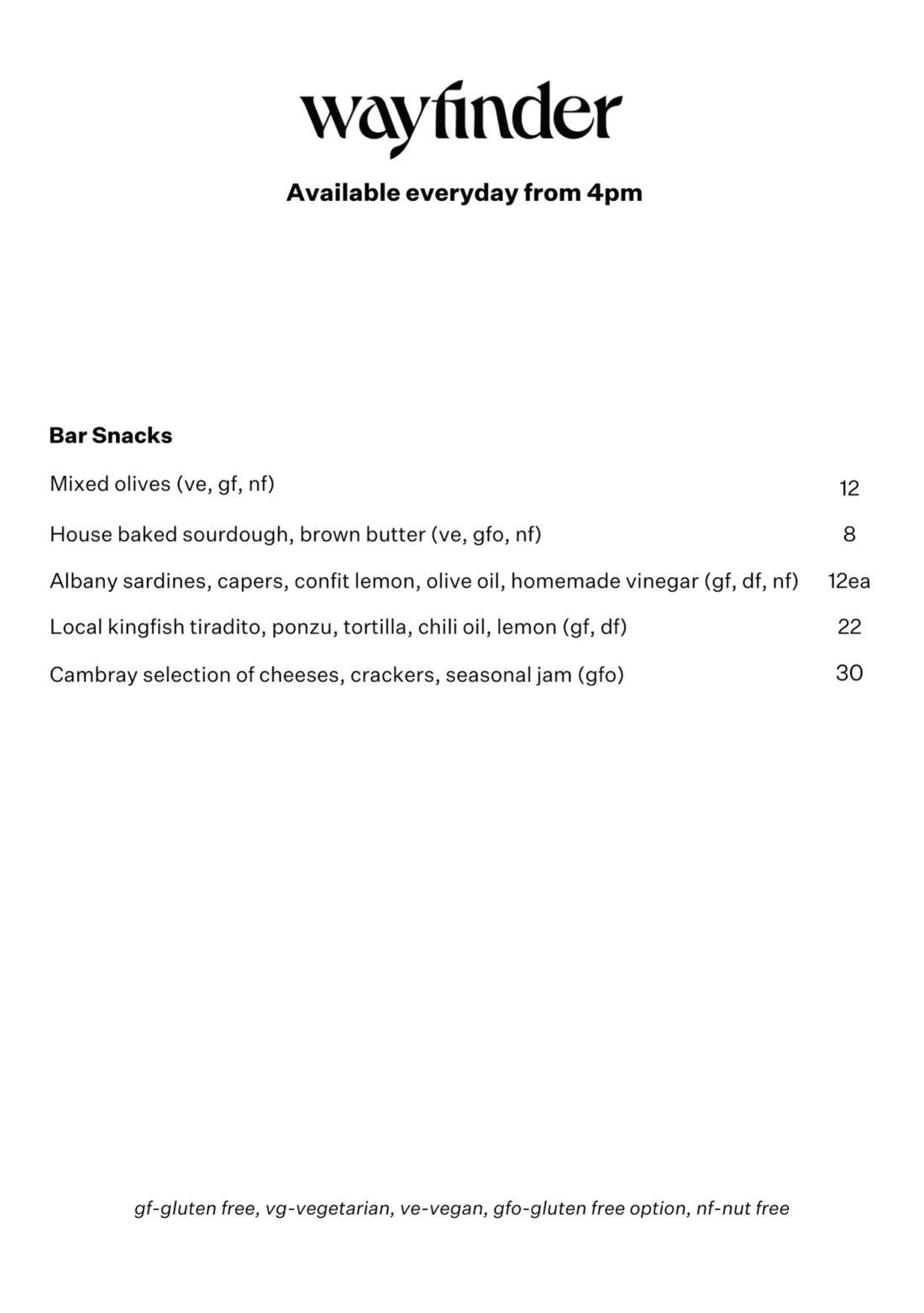 Bar Snacks Menu